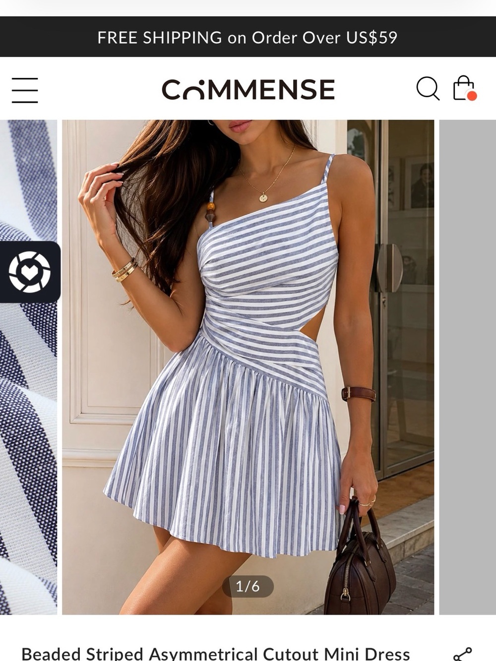 Commense Blue & White Striped Asymmetrical Cutout Mini Dress